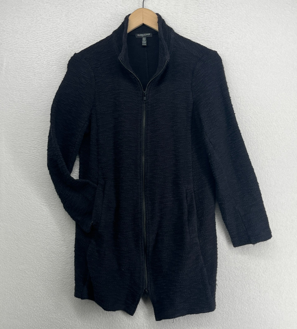 EILEEN FISHER Jacket PM Slub French Terry Nubble Organic Cotton Full Zip Black